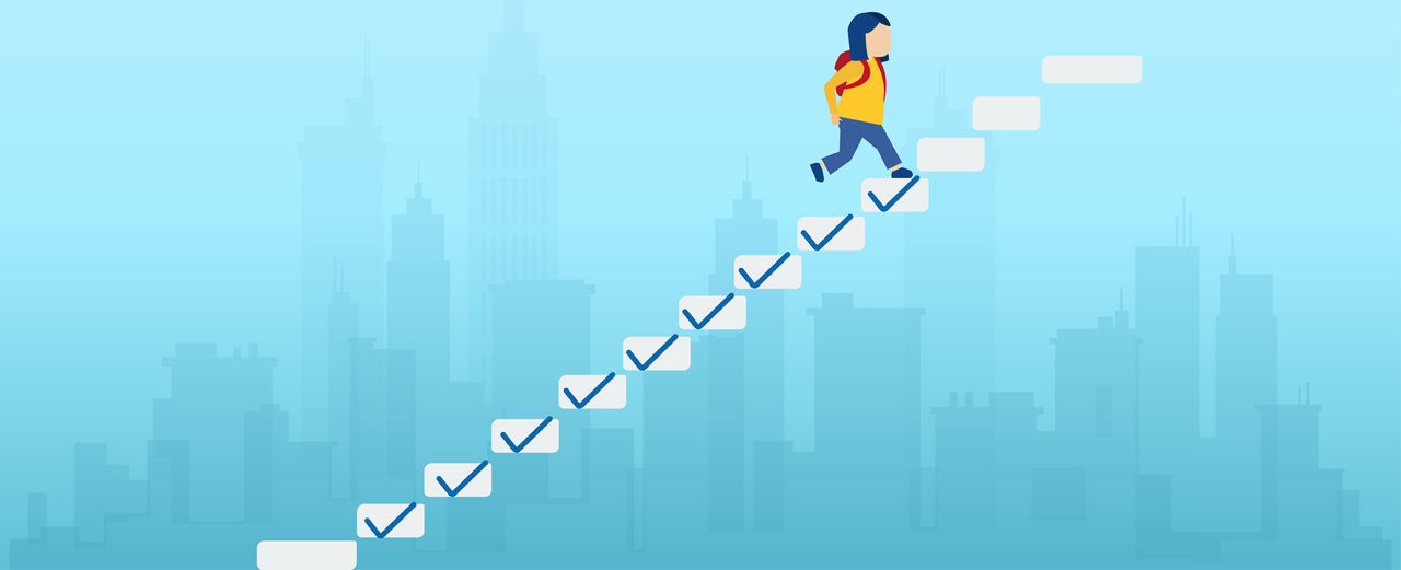 Progression from start to success in education. Vector of a girl student climbing up the ladder, steps with check marks to achieve the goal.